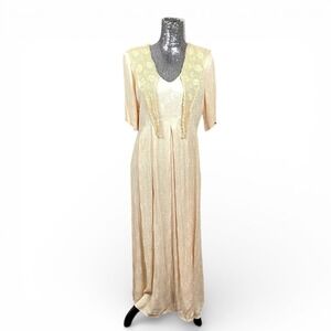 Vintage 90s Carole Little Prairie Maxi Dress Crochet Collar Peach Medium Cottage